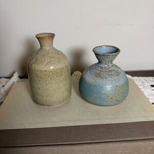 Studio Pottery Bud Vases Set 2 Signed Hand Thrown Ceramic Tan Blue Salt Glaze